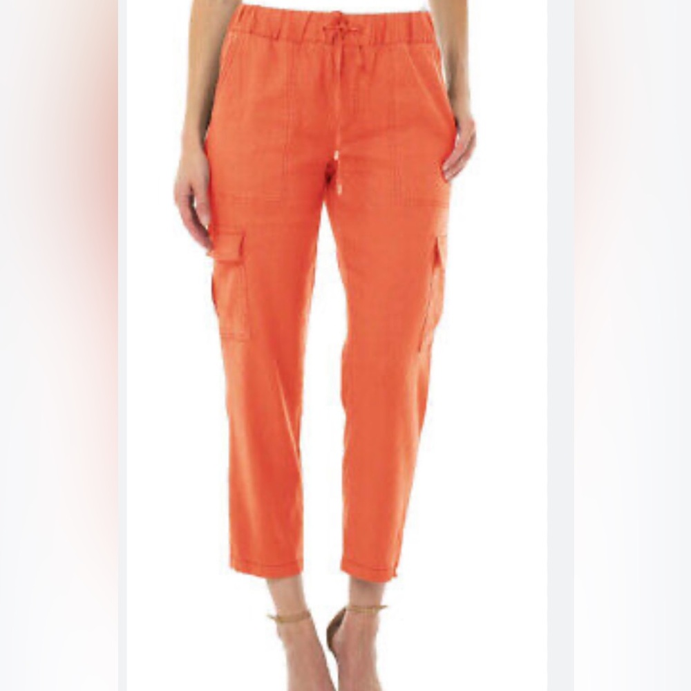 Liverpool Stretch Linen Cropped Cargo Pants Elastic Waist & Drawstring Size 6/28
